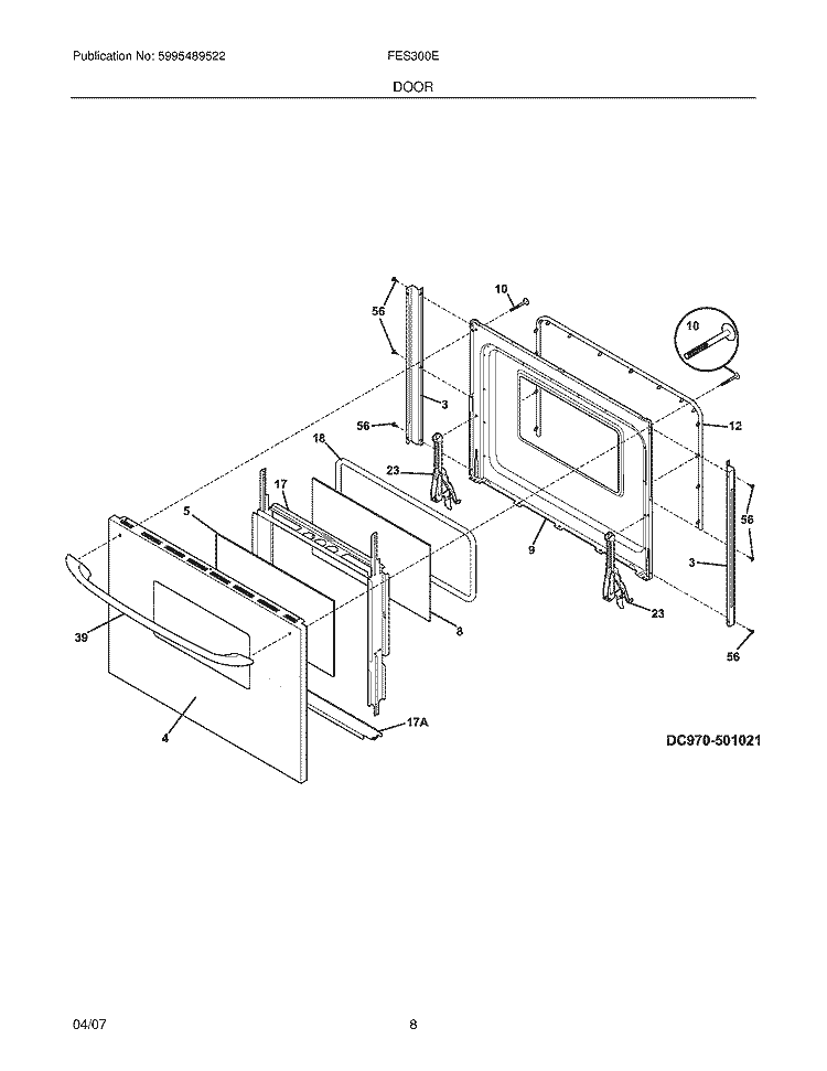 DOOR Diagram and Parts List for FES300EBD  Frigidaire Range