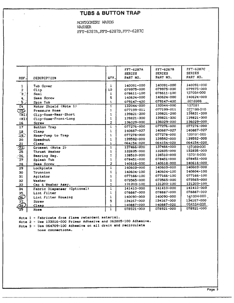Tubs/button Trap Page 2 Diagram and Parts List for 6287C  Frigidaire Washer