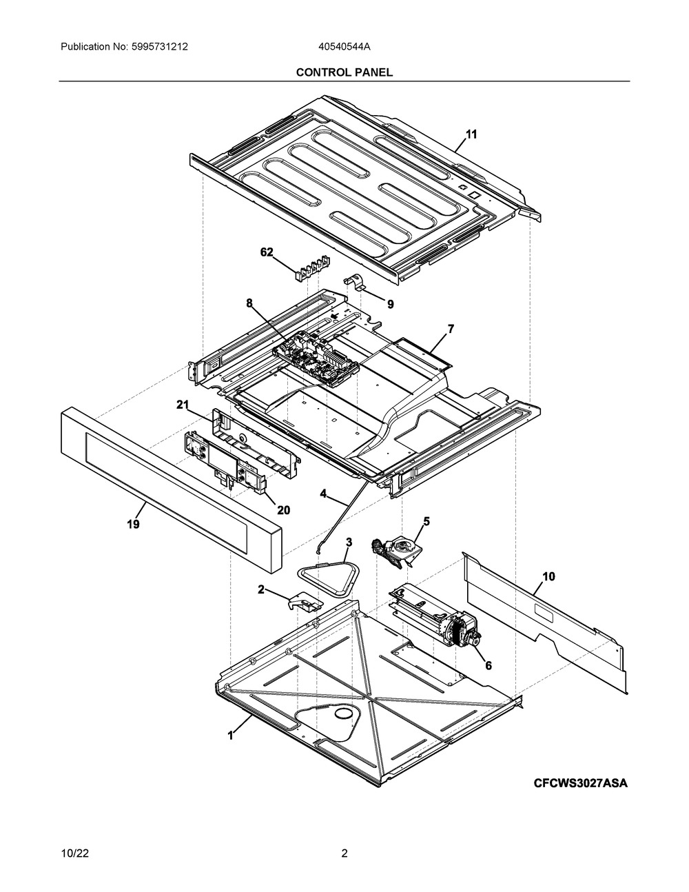 Control Panel Diagram and Parts List for 40540544A  Frigidaire Wall Oven