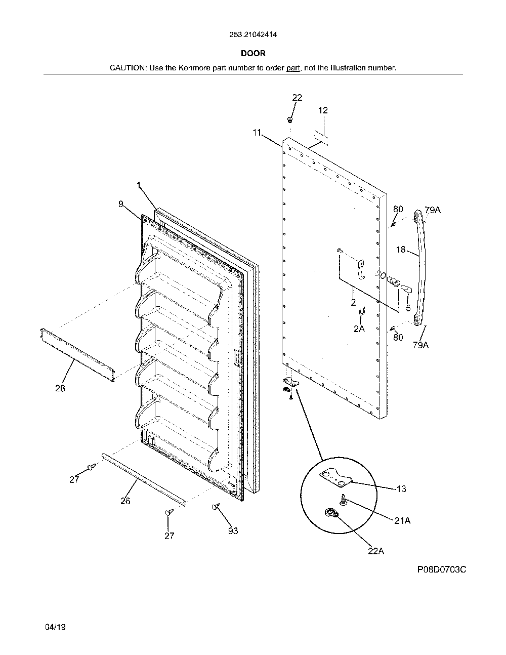 Door Diagram and Parts List for 25321042414  Kenmore Freezer