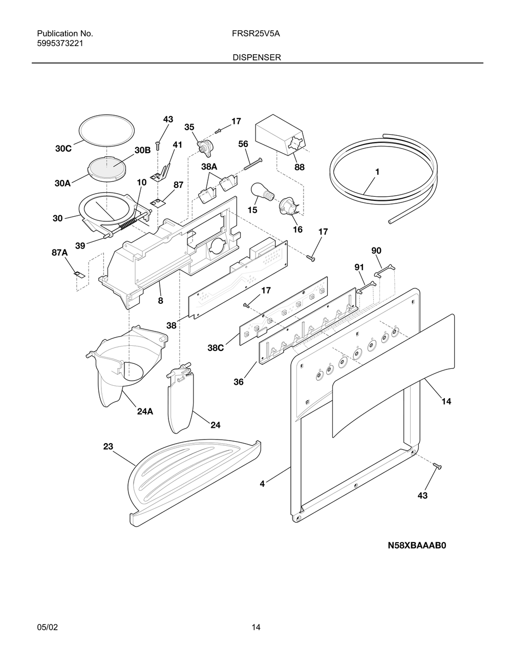 Dispenser Diagram and Parts List for FRSR25V5AQ1  Frigidaire Refrigerator
