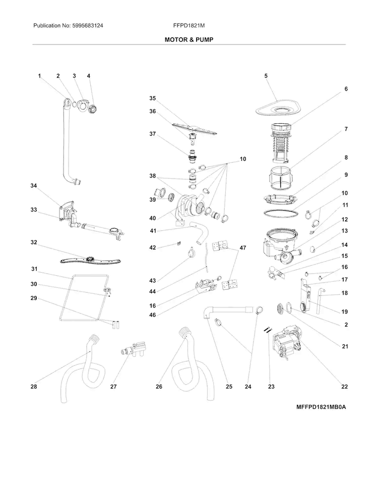 Motor & Pump Diagram and Parts List for FFPD1821MW1B  Frigidaire Dishwasher