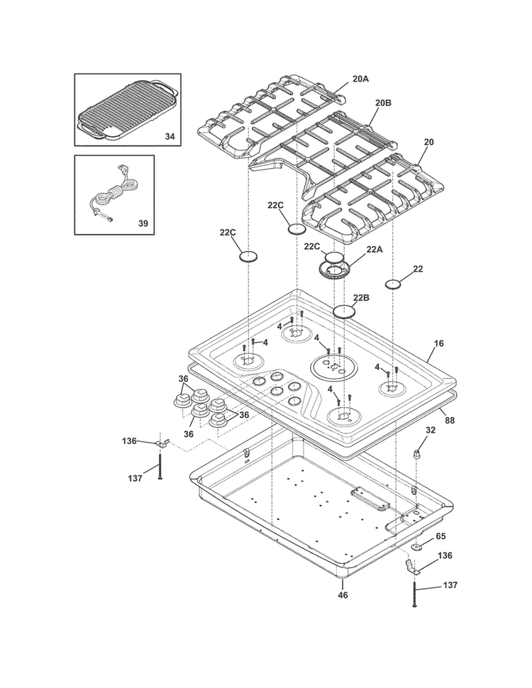 Cook Top Diagram and Parts List for EW30GC60PS0  Electrolux Cooktop