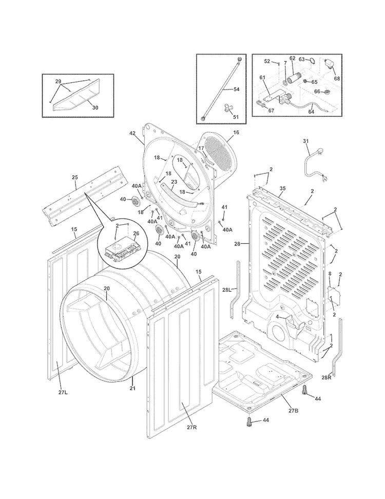 Cabinet/drum Diagram and Parts List for FASG7074NW2  Frigidaire Dryer