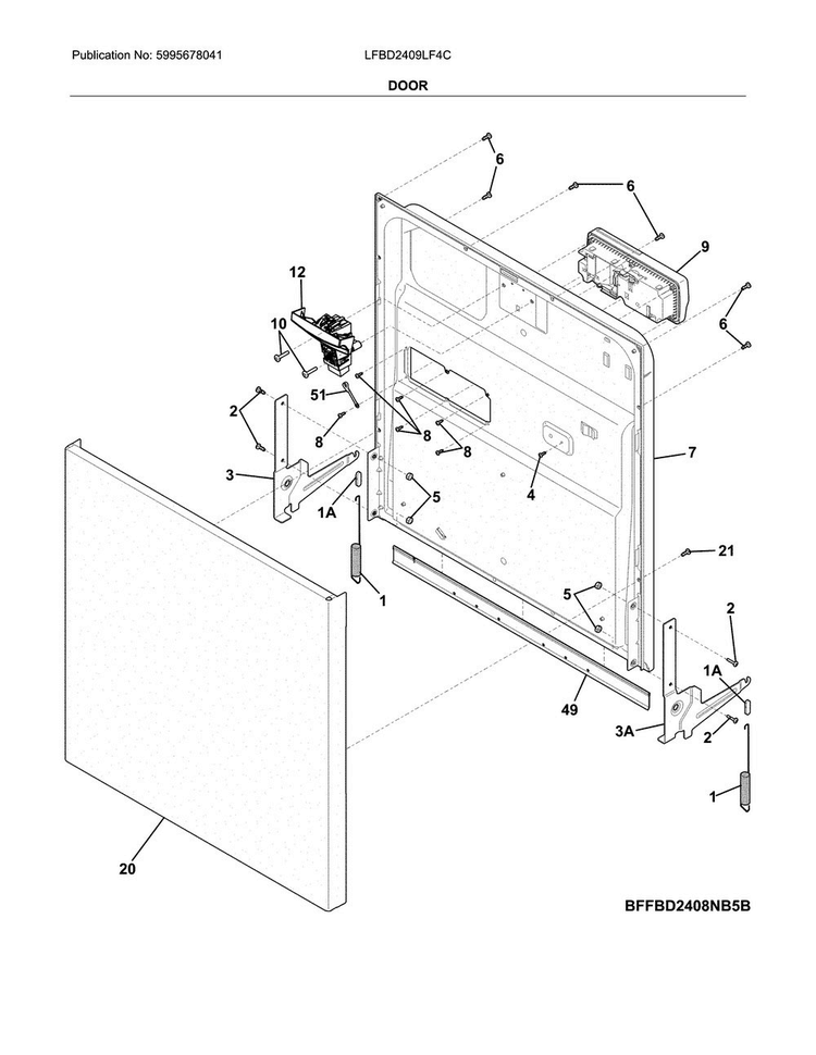 Door Diagram and Parts List for LFBD2409LF4C  Frigidaire Dishwasher