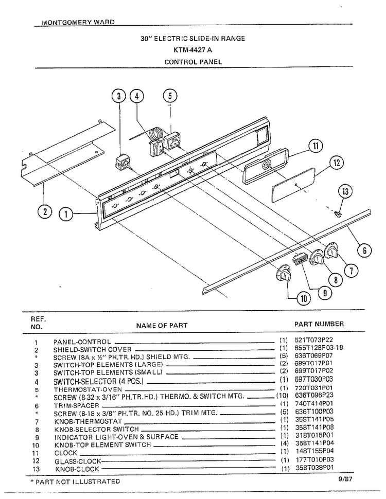 Control Panel Diagram and Parts List for 4427A  Frigidaire Range