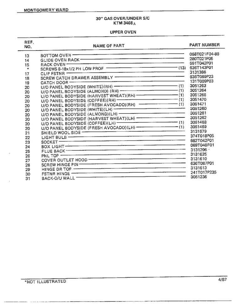 30" Gas Over/under Upper Oven Page 2 Diagram and Parts List for 3468A  Frigidaire Range