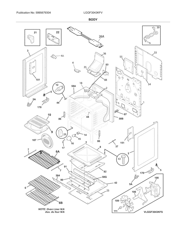 Body Diagram and Parts List for LGGF3043KFV  Frigidaire Range