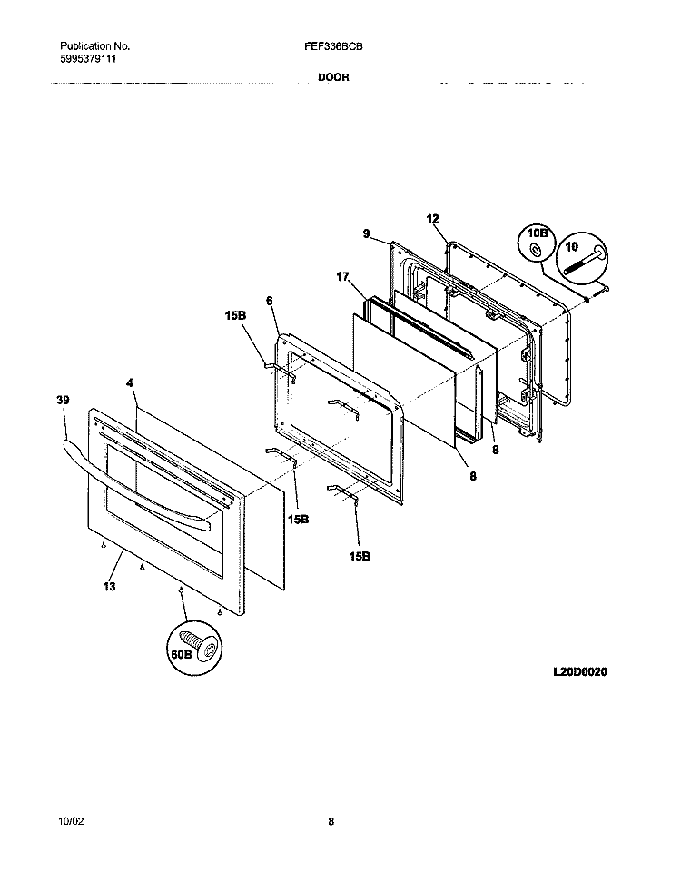 DOOR Diagram and Parts List for FEF336BCB  Frigidaire Range