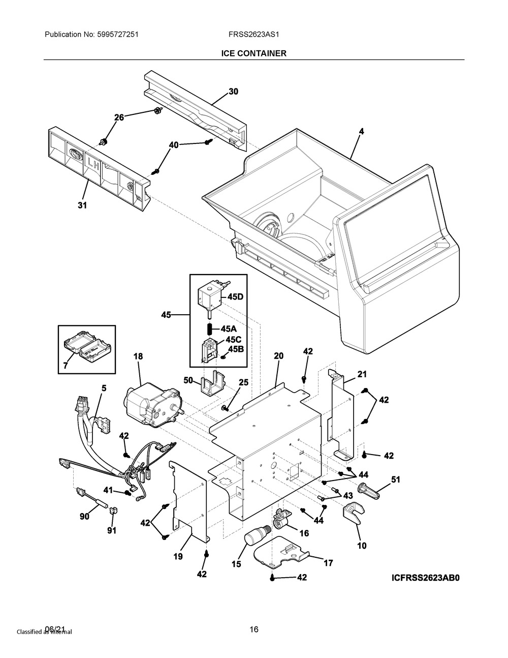 Ice Container Diagram and Parts List for FRSS2623AS1  Frigidaire Refrigerator