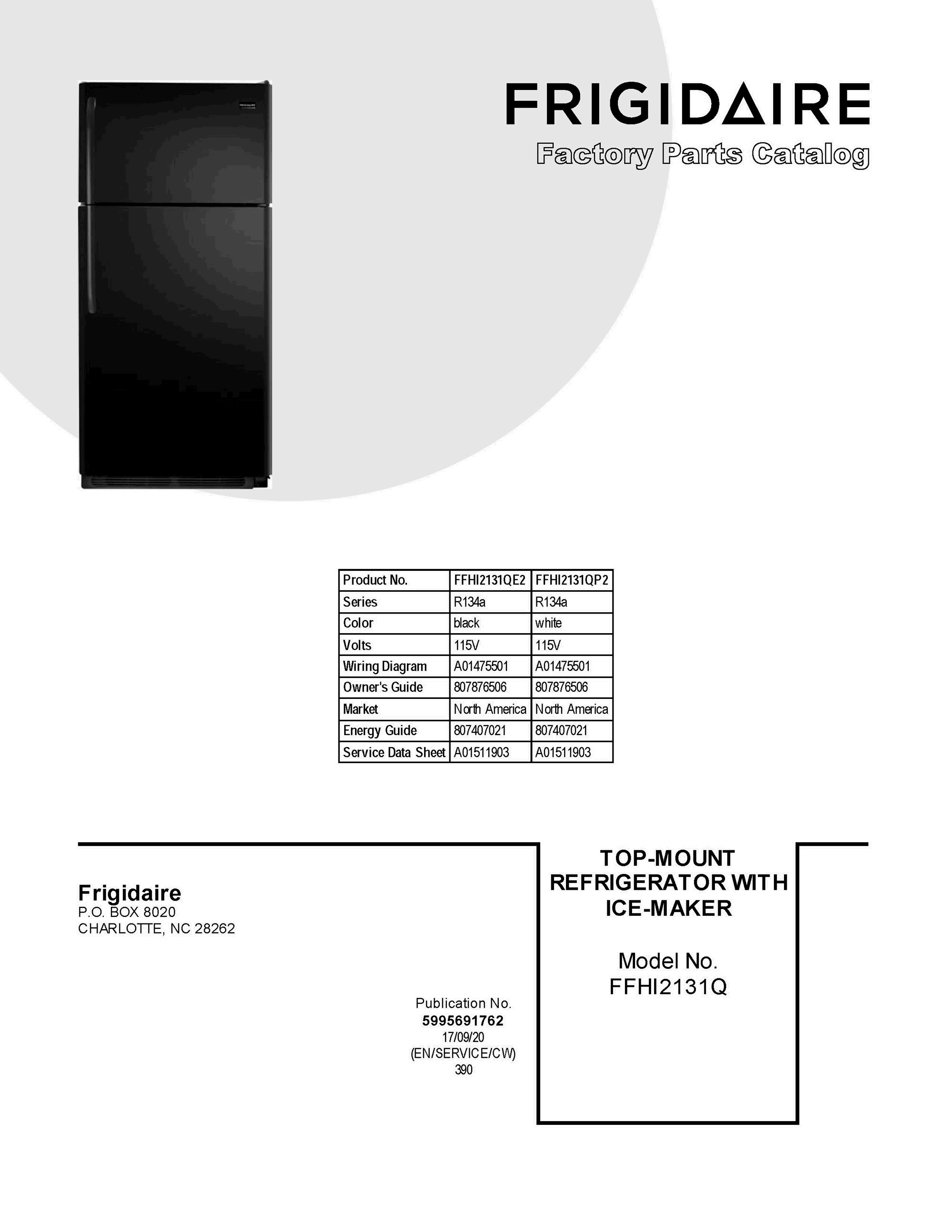 01 - COVER SHEET Diagram and Parts List for FFHI2131QE2  Frigidaire Refrigerator