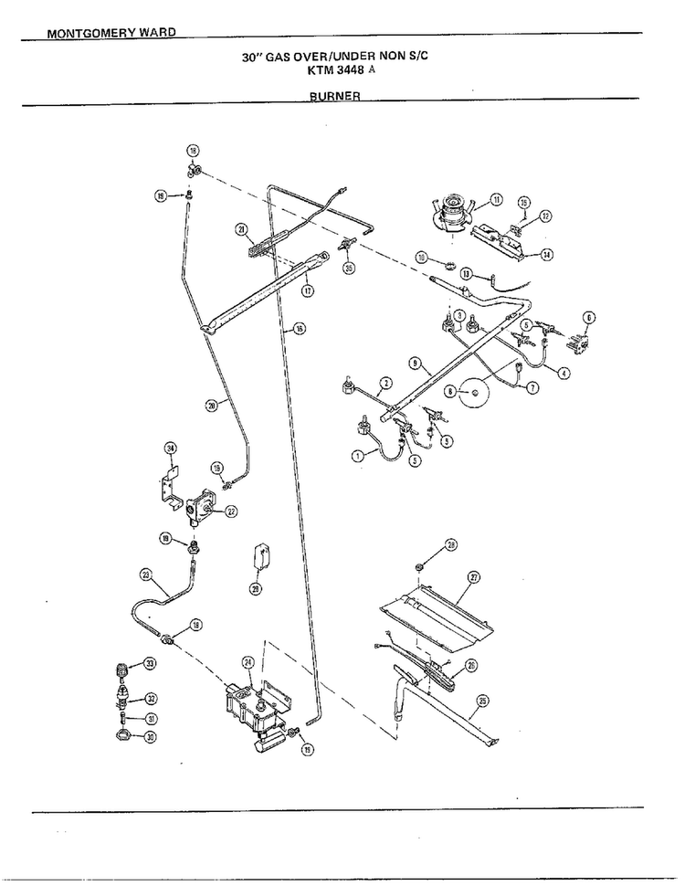 30" Gas Over/under Burner Diagram and Parts List for 3448A  Frigidaire Range