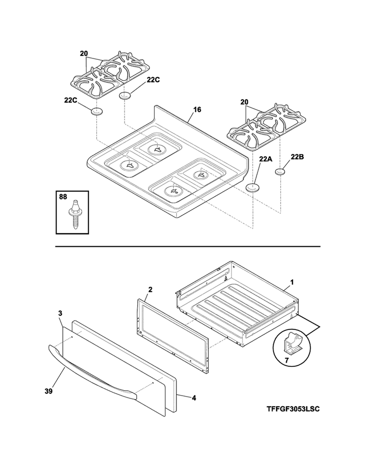 Top/drawer Diagram and Parts List for LFGF3053QFB  Frigidaire Range