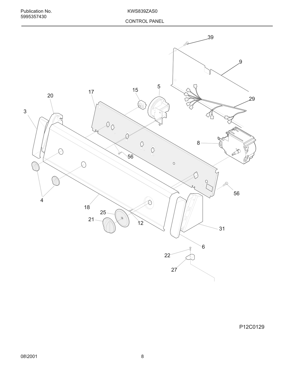 Control Panel Diagram and Parts List for KWS839ZAS0  Frigidaire Washer