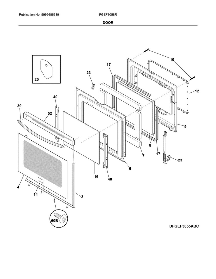 Door Diagram and Parts List for FGEF3058RWB  Frigidaire Range