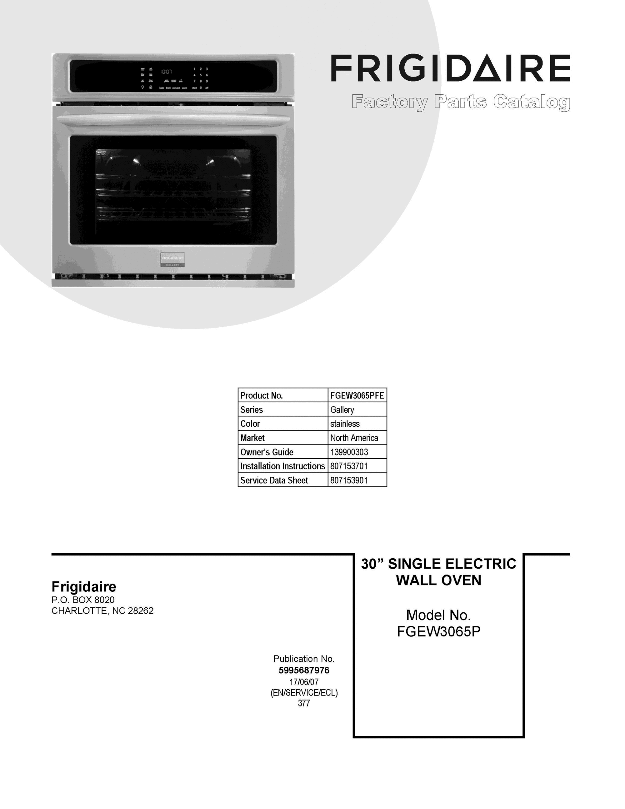 01 - COVER SHEET Diagram and Parts List for FGEW3065PFE  Frigidaire Wall Oven