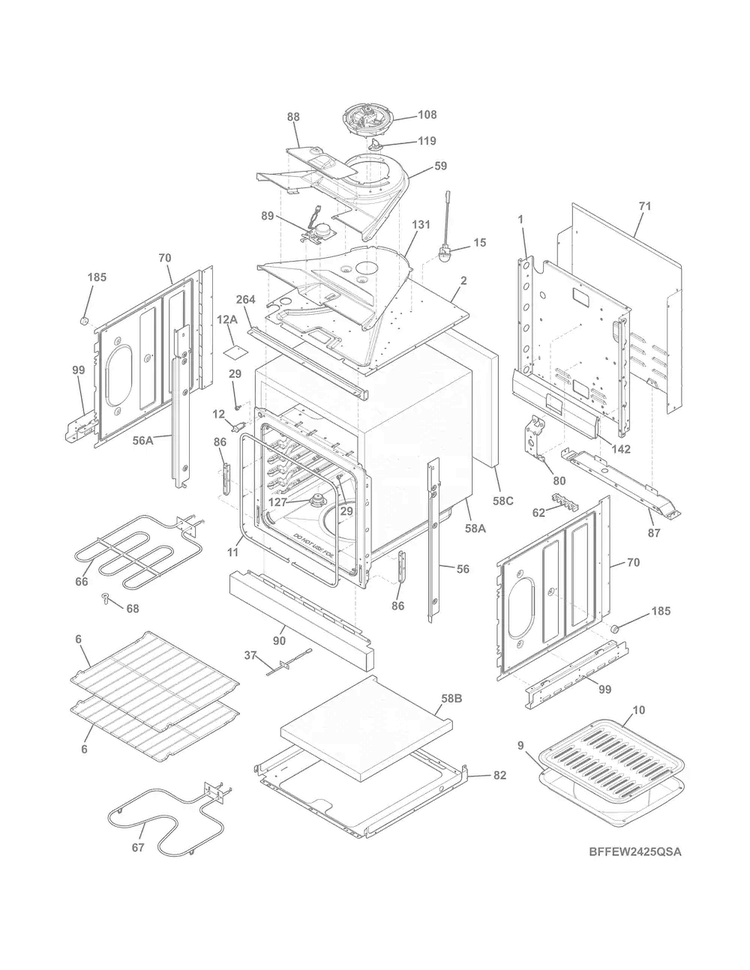 Body Diagram and Parts List for FFEW2425QSA  Frigidaire Wall Oven