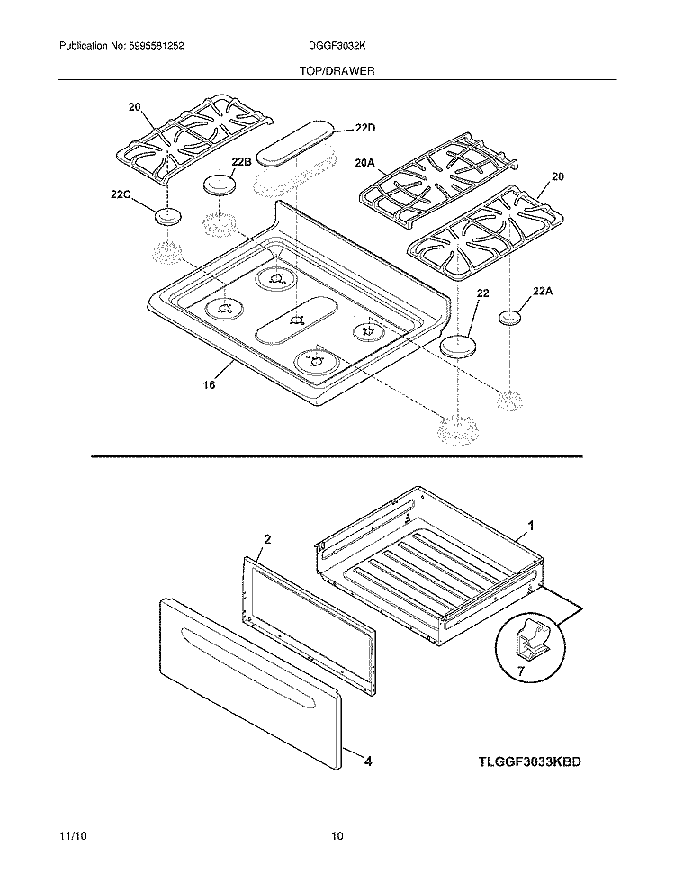 TOP/DRAWER Diagram and Parts List for DGGF3032KBJ  Frigidaire Range