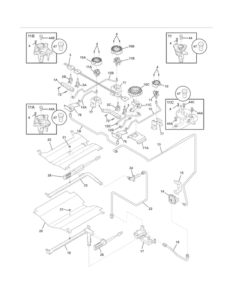 Burner Diagram and Parts List for FPGS3085KFH  Frigidaire Range