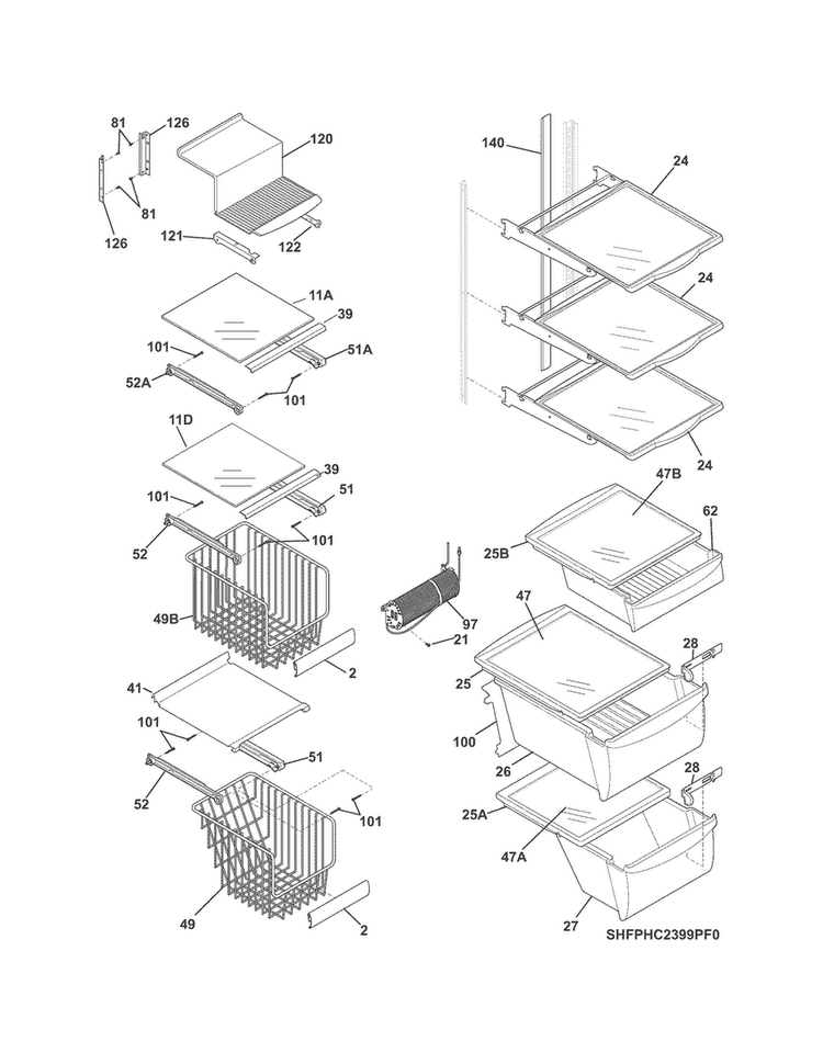Shelves Diagram and Parts List for FPHC2399PF7A  Frigidaire Refrigerator