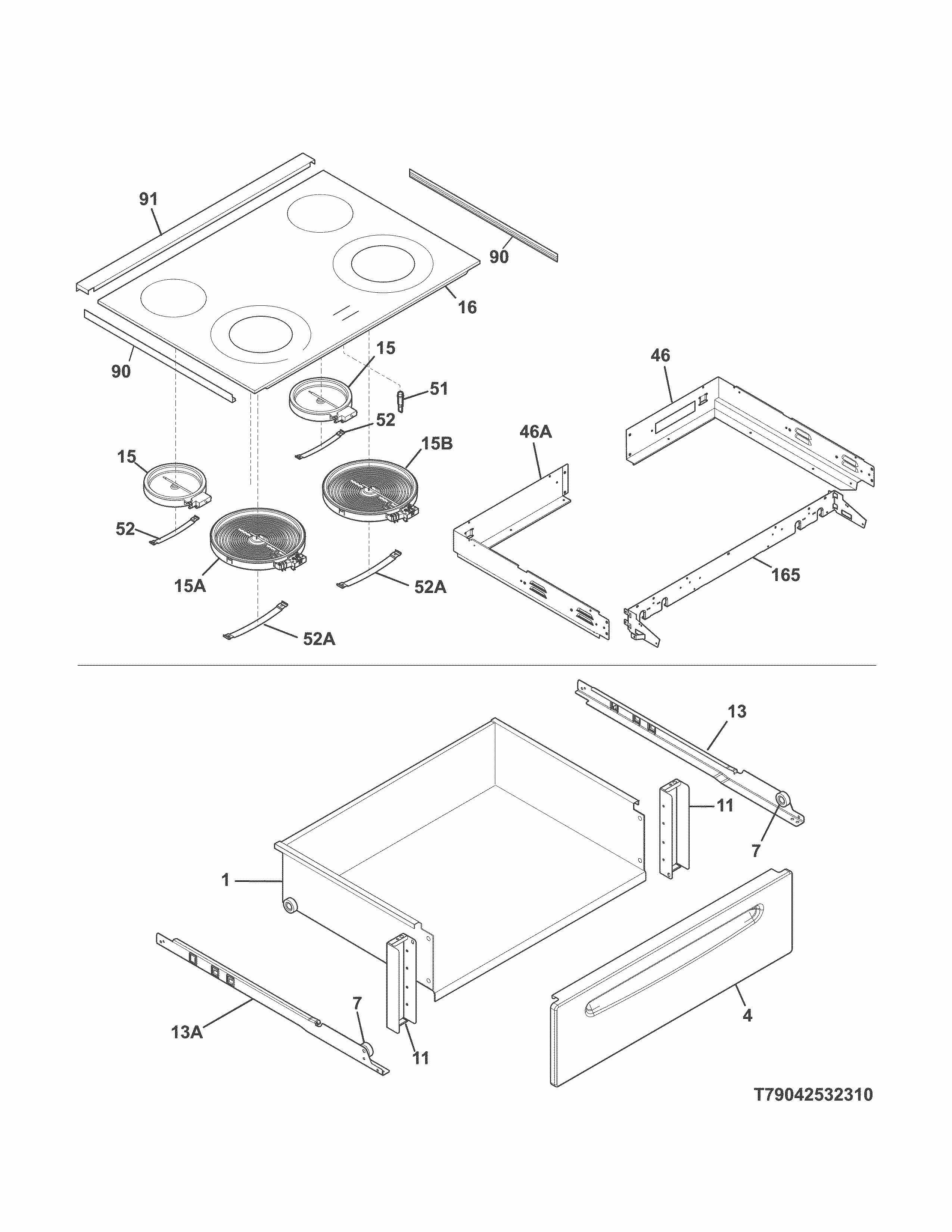 Top/drawer Diagram and Parts List for 79042531312  Kenmore Range