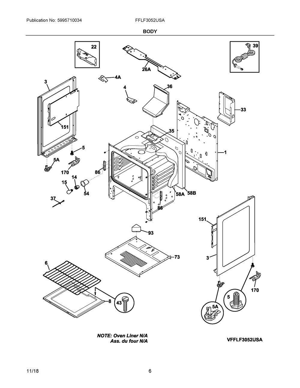 Body Diagram and Parts List for FFLF3052USA  Frigidaire Range