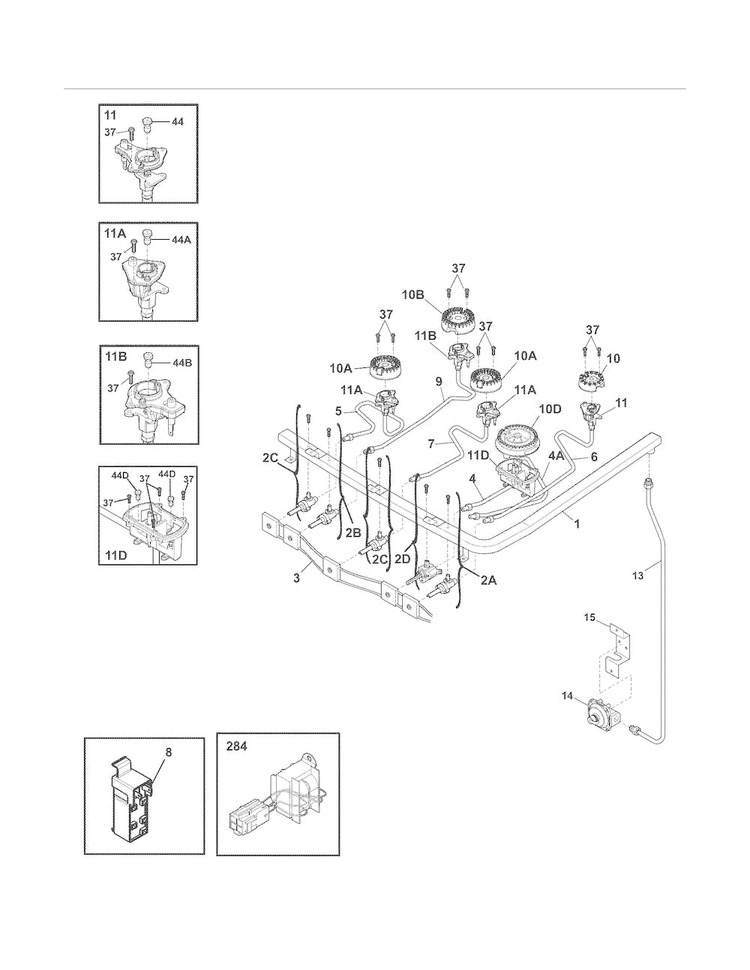 Burner Diagram and Parts List for EW30DF65GSN  Electrolux Range