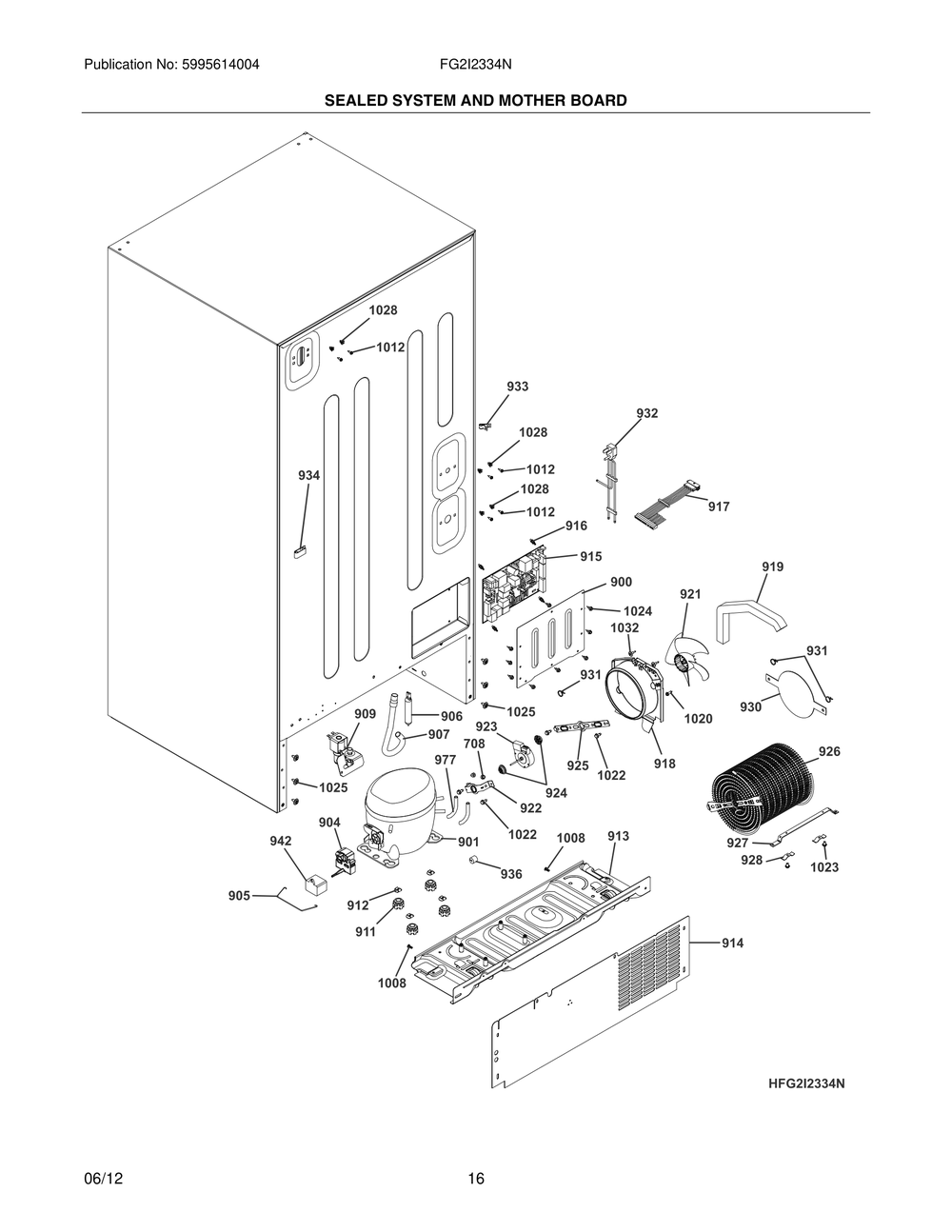 Sealed System And Mother Board Diagram and Parts List for FG2I2334NE  Frigidaire Refrigerator