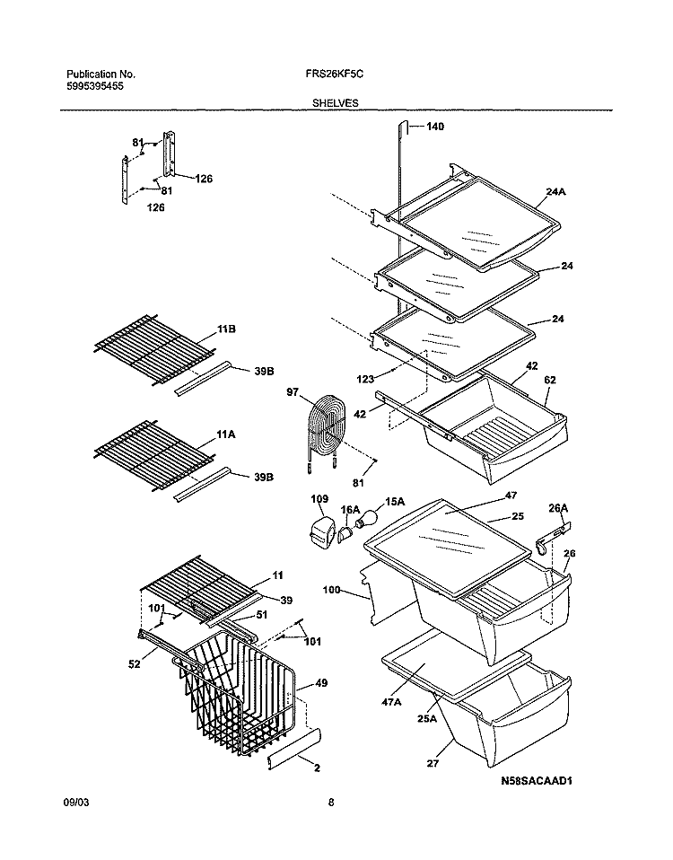 SHELVES Diagram and Parts List for FRS26KF5CB1  Frigidaire Refrigerator