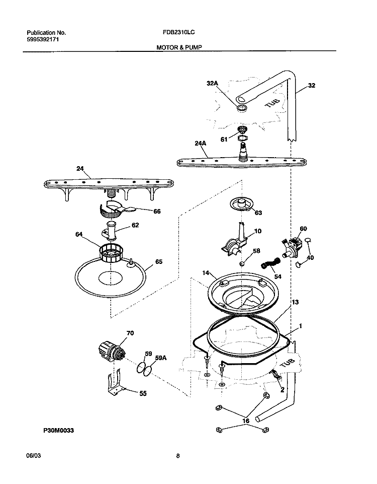 MOTOR & PUMP Diagram and Parts List for FDB2310LCQ0  Frigidaire Dishwasher