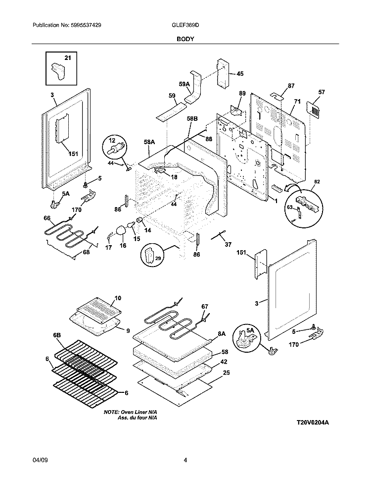 BODY Diagram and Parts List for GLEF369DBK  Frigidaire Range