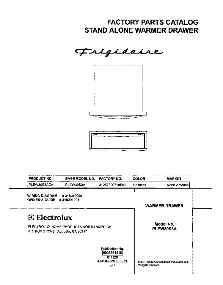 COVER Diagram and Parts List for PLEW30S3ACA  Frigidaire Warming Drawer