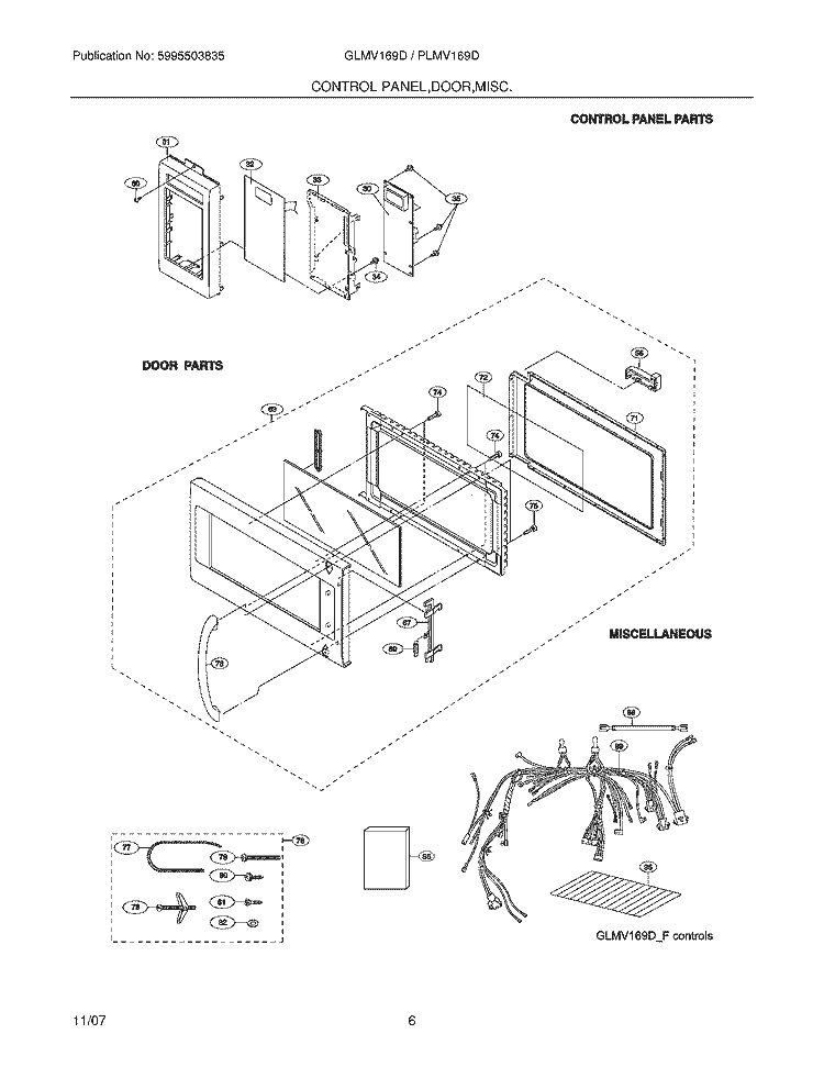 CONTROL PANEL / DOOR / MISC Diagram and Parts List for GLMV169DBF  Frigidaire Microwave