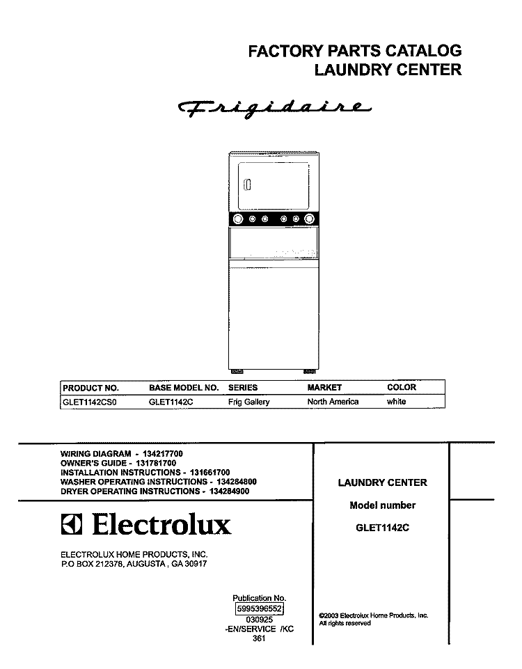 COVER Diagram and Parts List for GLET1142CS0  Frigidaire Washer Dryer Combo