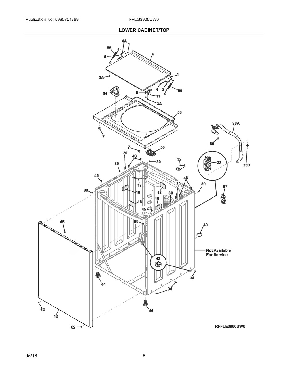 Lower Cabinet/top Diagram and Parts List for FFLG3900UW0  Frigidaire Washer Dryer Combo