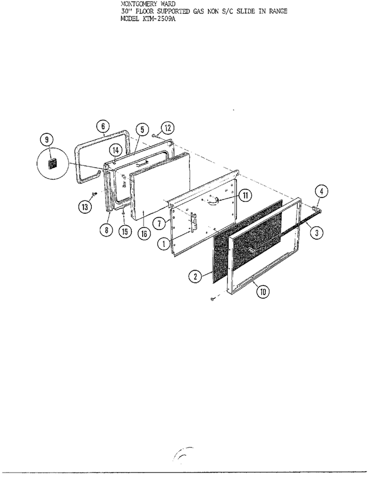 30" Floor Gas/oven Door Diagram and Parts List for 2509A  Frigidaire Range