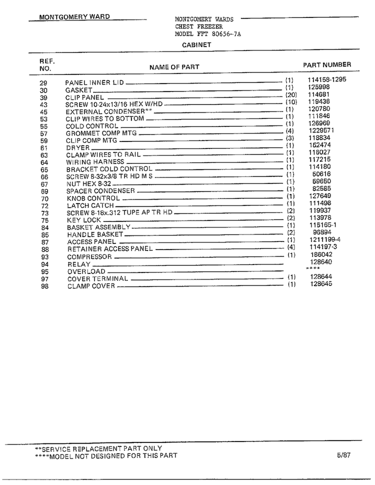 Cabinet Page 2 Diagram and Parts List for 80656-7A  Frigidaire Freezer