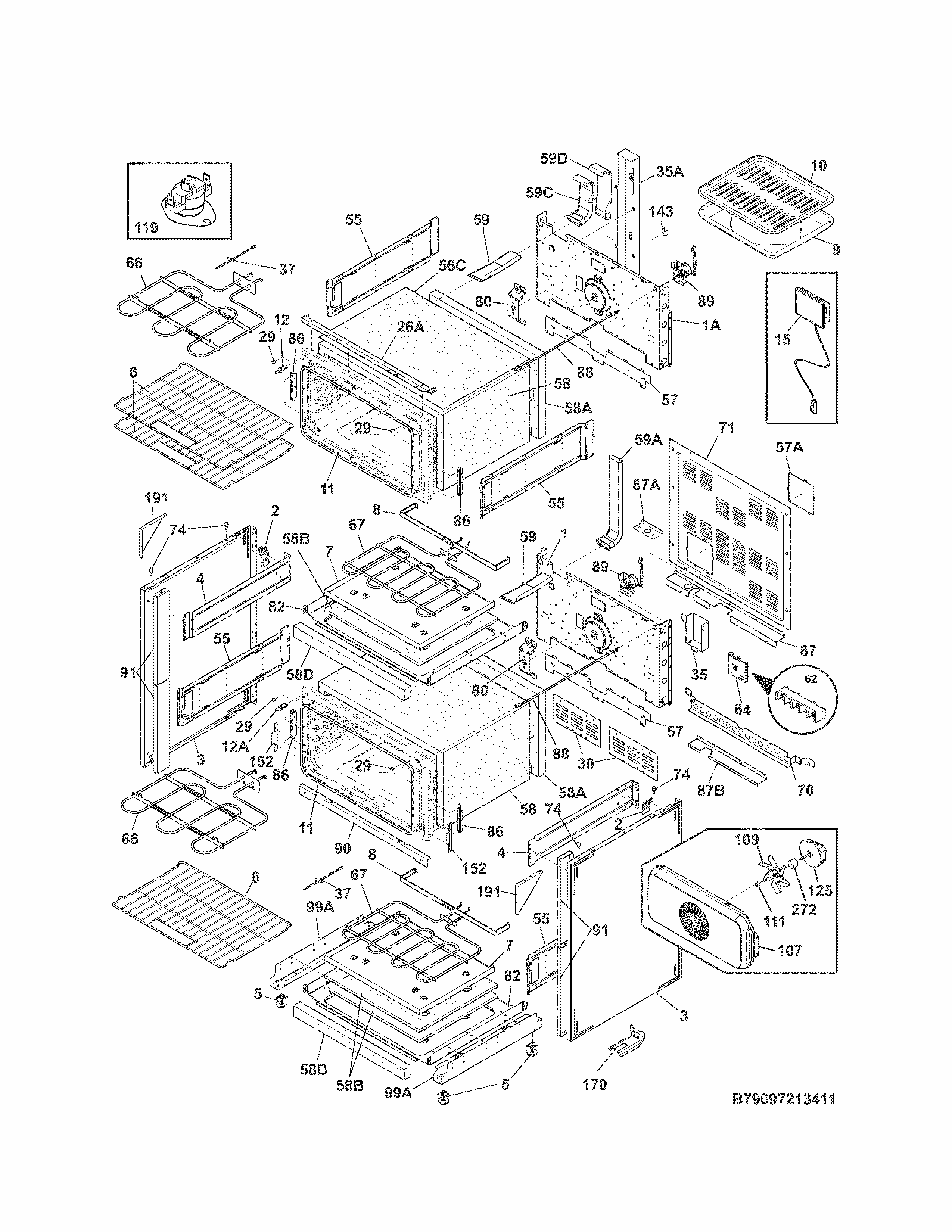 Body Diagram and Parts List for 79097213411  Kenmore Range