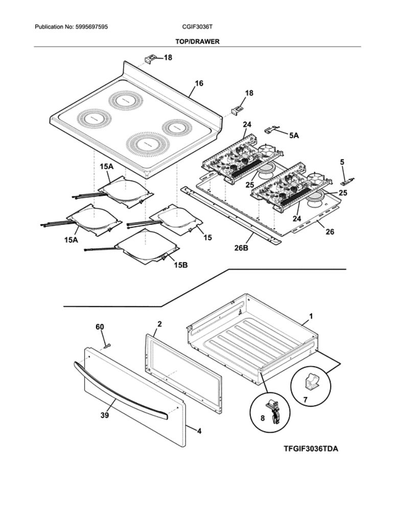 Top/Drawer Diagram and Parts List for CGIF3036TDA  Frigidaire Range