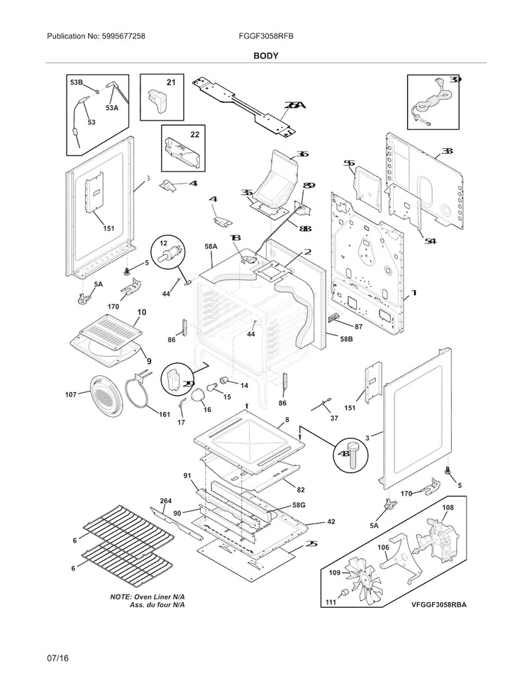 Body Diagram and Parts List for FGGF3058RFB  Frigidaire Range