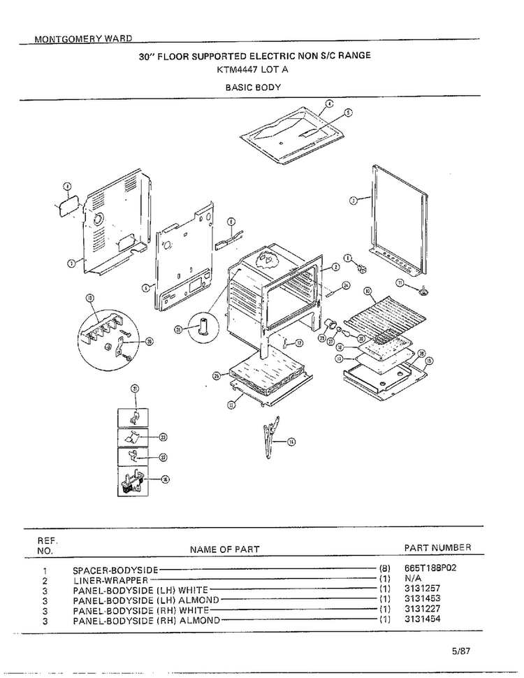 30" Floor Supported Elec Basic Body Diagram and Parts List for 4447A  Frigidaire Range