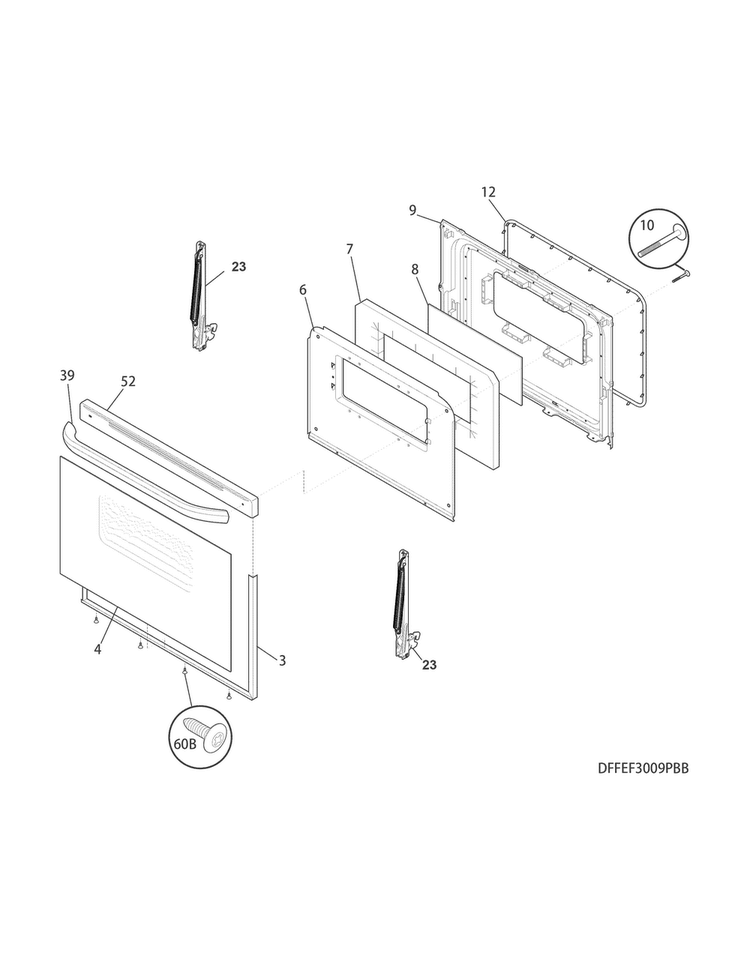 Door Diagram and Parts List for FFEF3009PWD  Frigidaire Range