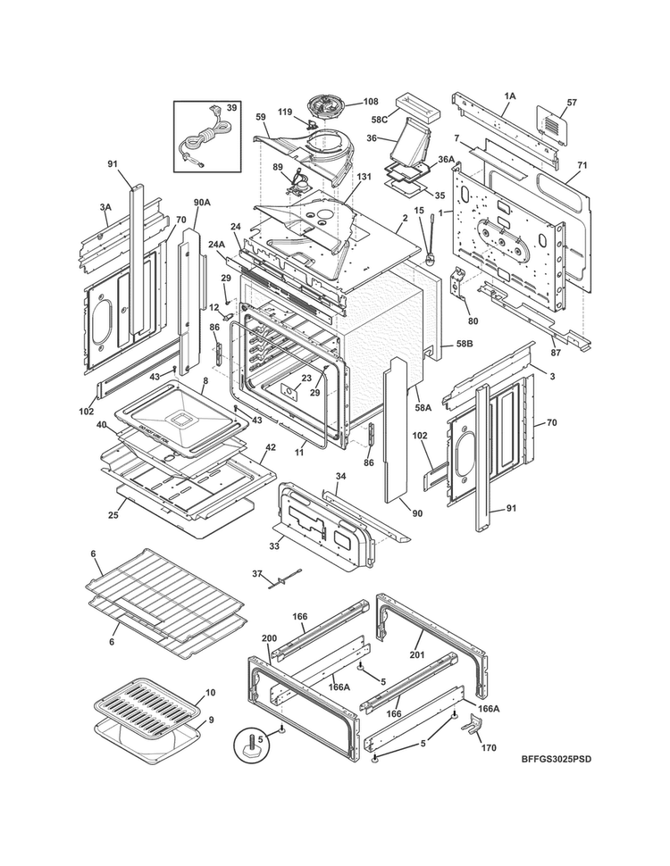 Body Diagram and Parts List for FFGS3025PBF  Frigidaire Range