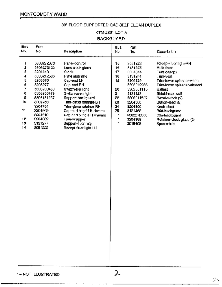 Backguard Page 2 Diagram and Parts List for 2891  Frigidaire Range