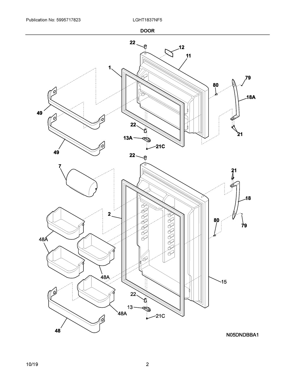 Door Diagram and Parts List for LGHT1837NF5  Frigidaire Refrigerator