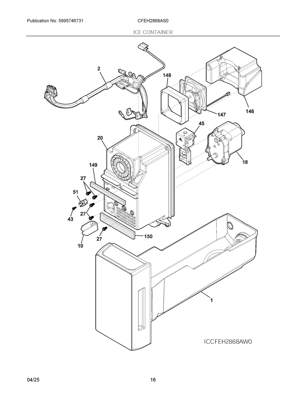 Ice Container Diagram and Parts List for CFEH2868AS0  Frigidaire Refrigerator