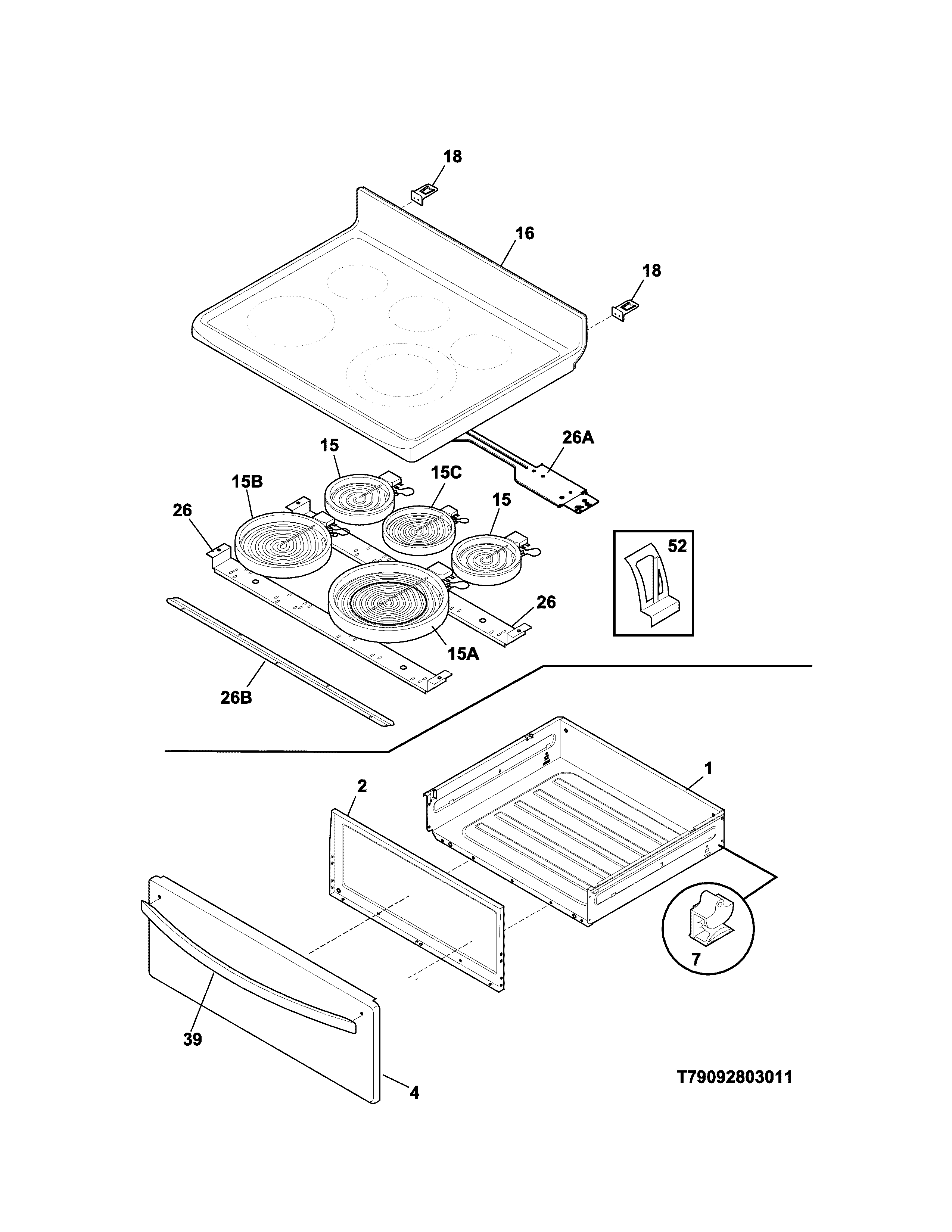 Top/drawer Diagram and Parts List for 79094193311  Kenmore Range