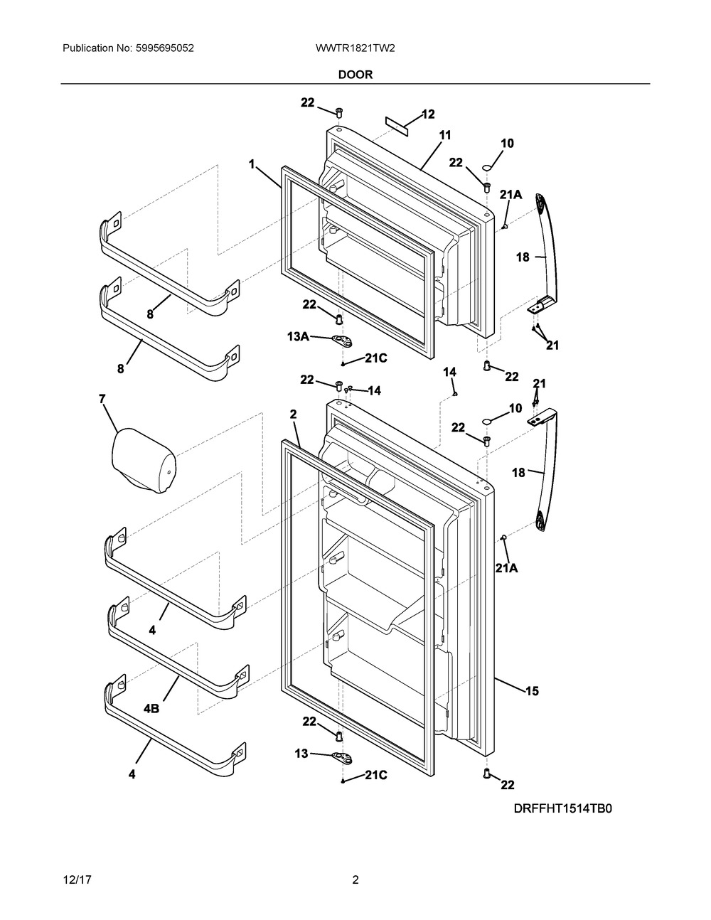 Door Diagram and Parts List for WWTR1821TW2  Frigidaire Refrigerator