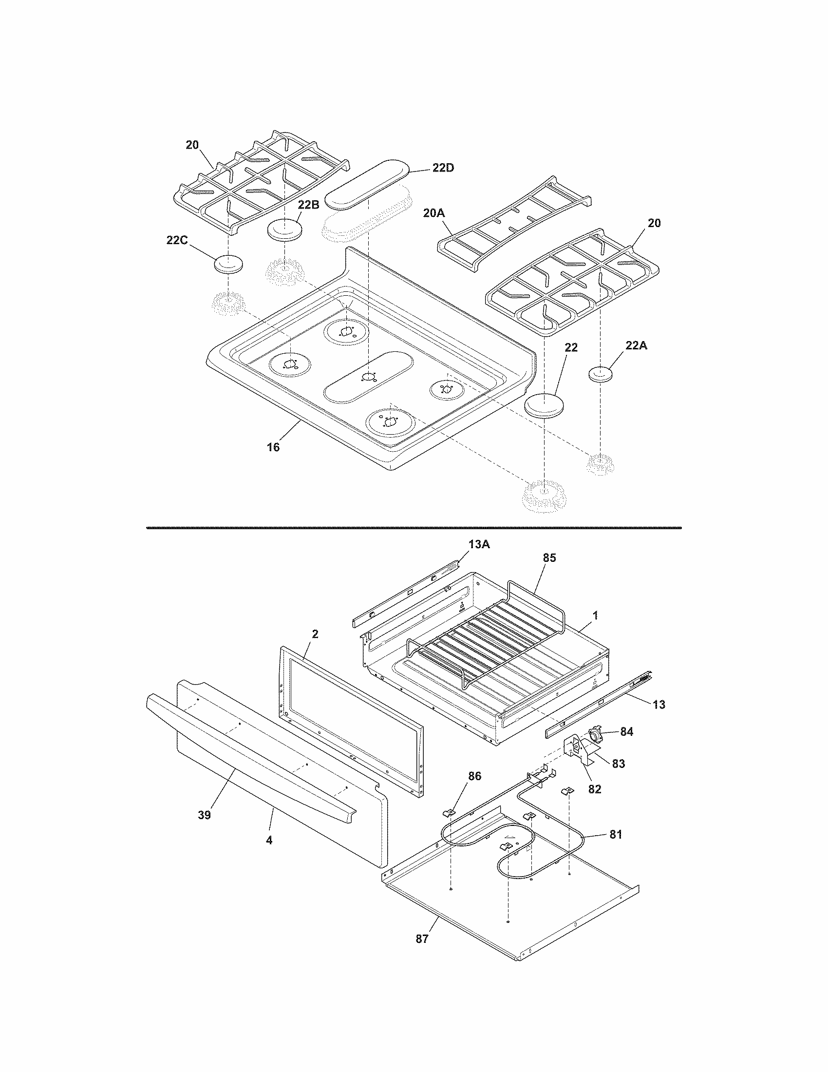 Top/drawer Diagram and Parts List for 79072312015  Kenmore Range
