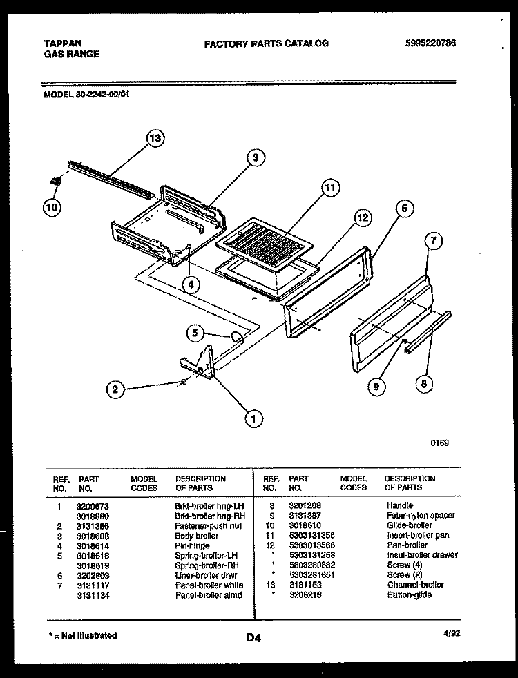 BROILER DRAWER PARTS Diagram and Parts List for 30-2242-00-01  Tappan Range